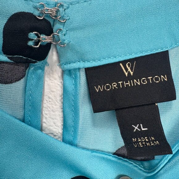 Worthington XL Blue Polka Dot Short Sleeve Blouse Vintage Lightweight Work - Picture 2 of 5